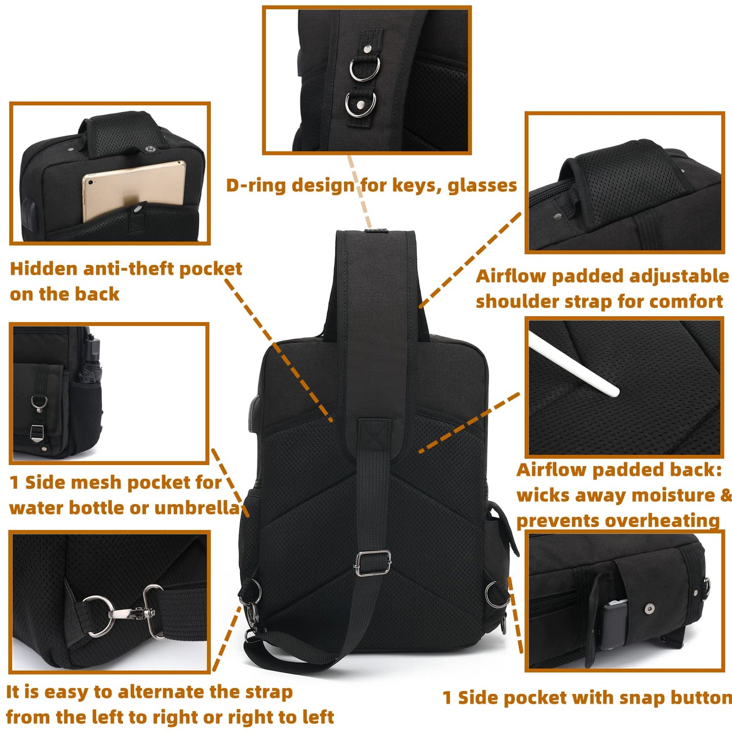 Leaper Messenger Bag Outdoor Cross Body Bag Sling Bag Shoulder Bag With USB Black
