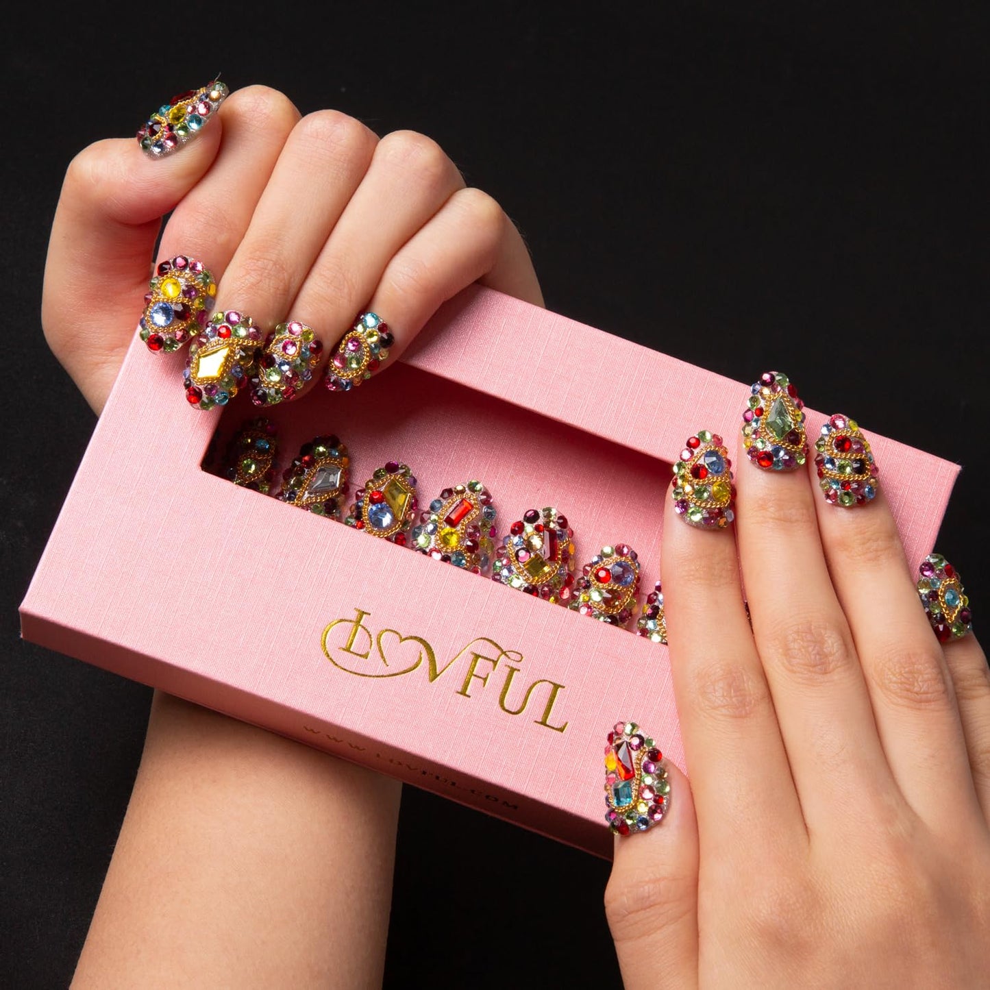 LOVFUL Press on Nails Precious | Handmade with Full Covered Crystals | Reusable Fake Nails | Almond Short 0.8 in | H175-S