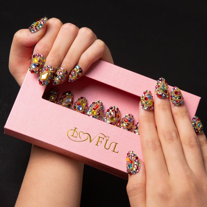 LOVFUL Press on Nails Precious | Handmade with Full Covered Crystals | Reusable Fake Nails | Almond Short 0.8 in | H175-S