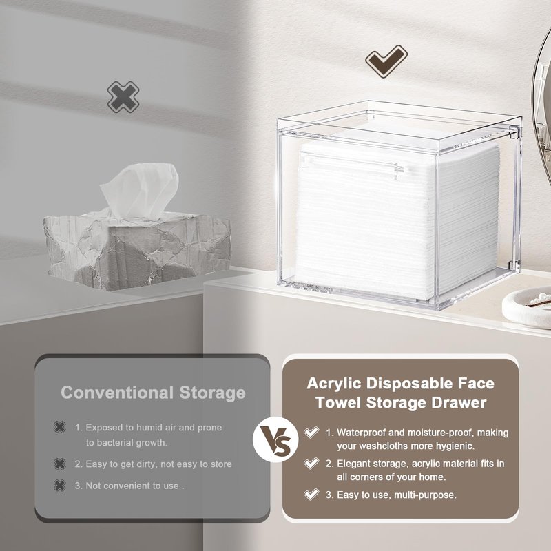 TAINESS Acrylic Disposable Face Towels Holder Compatible with Clean Skin Club Towel XL - Clear Storage Box Wall-Mounted Cosmetic & Skin Care Organizer with Drawer for Bathroom Vanity