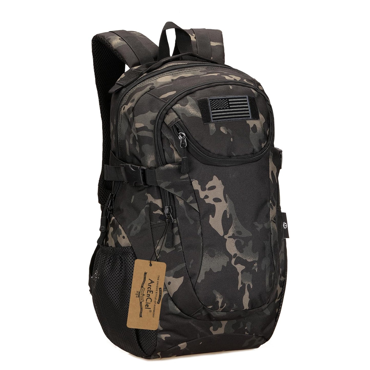 ArcEnCiel Motorcycle Backpack Tactical Bag Army Pack - Rain Cover+Patch Included(Black Camo)