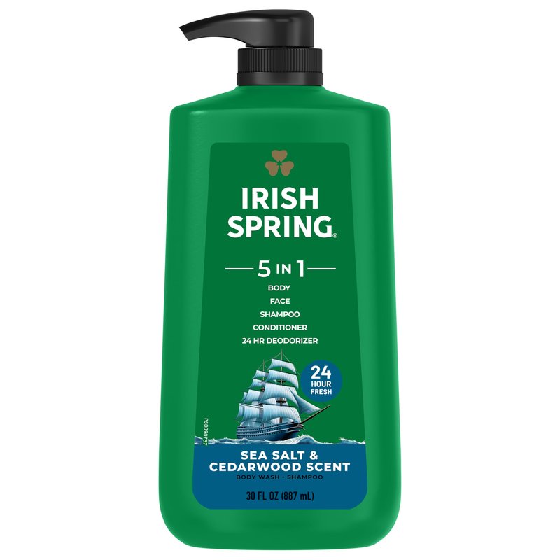 Irish Spring 5 in 1 Moisturizing Body Wash for Men, Shampoo, Conditioner, Body and Face Wash, and 24 Hour Deodorizer, Paraben-Free, Sea Salt & Cedarwood Scent, 30 fl oz