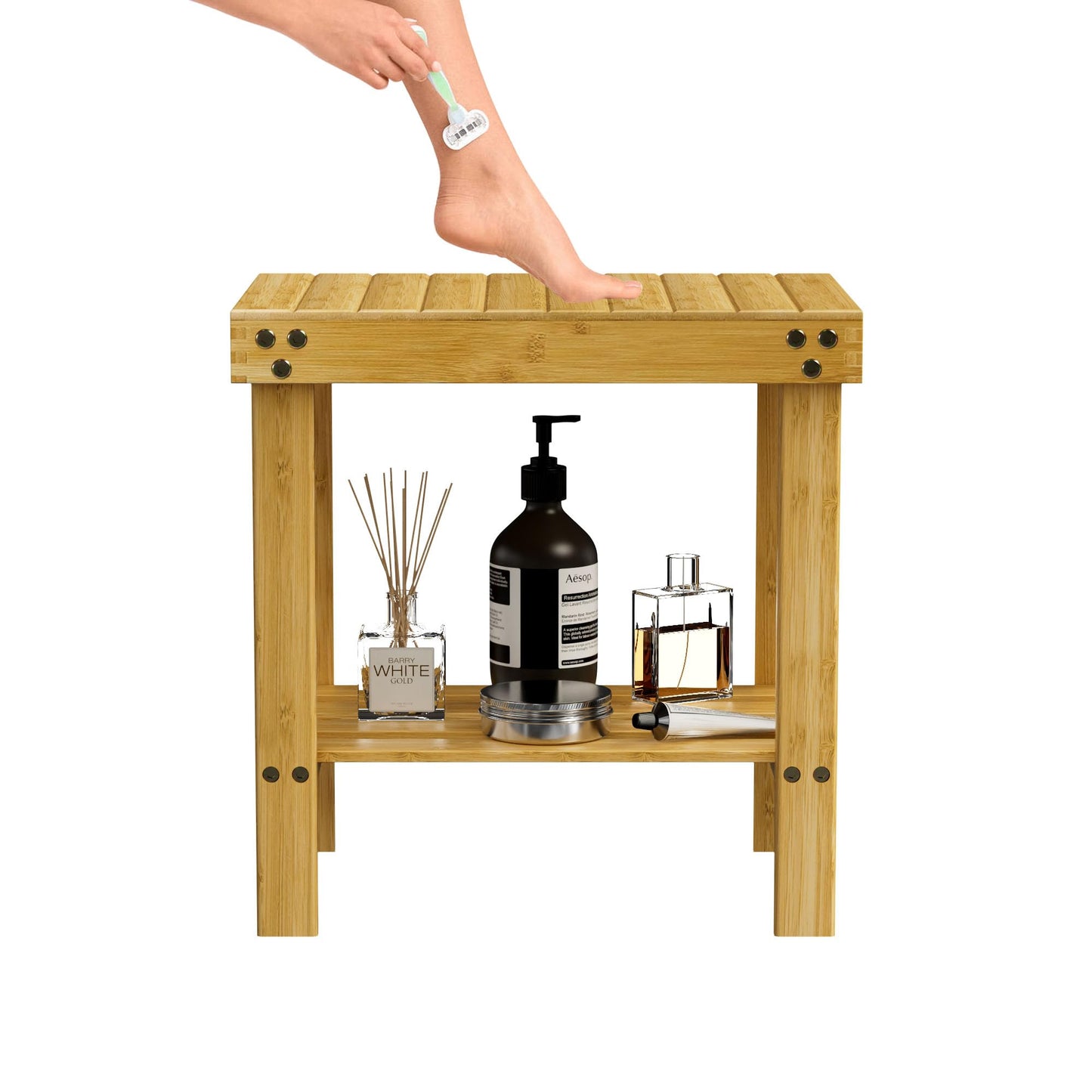 Glavbiku Bamboo Shower Chair, Shower Foot Rest for Adults & Kids, Non-Slip Bath Stool with Storage Shelf, Safe & Stable Wooden Bench for Spa, Bathroom, Bedside, Living Room - White