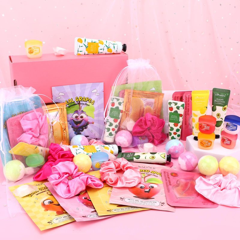 88PCS Spa Party Supplies for Girls, Spa Party Favors Include Face Masks, Under Eye Patches, Lip Masks, Lip Balm, Hand Cream, Foot Bath Bombs, Compressed Towels, Bulk Spa Sleepover Slumber Party Kit