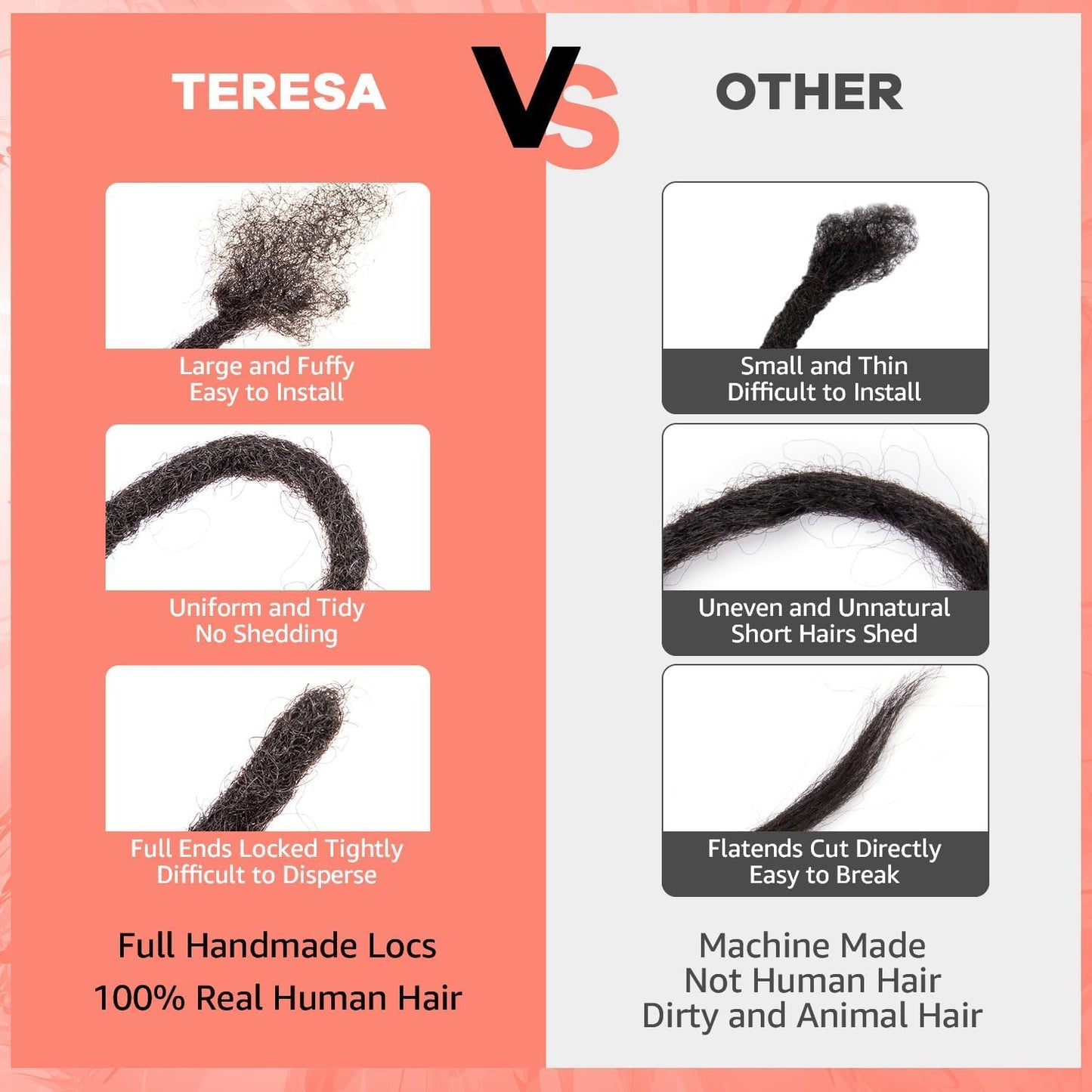 Teresa 0.4cm & 0.6cm & 0.8cm Width 100% Human Hair Dreadlock Extensions for Men/Women/Kids, Full Hand-made Locs Extensions Human Hair (0.4cm,6 Inch/20 Strands,Natural Black)