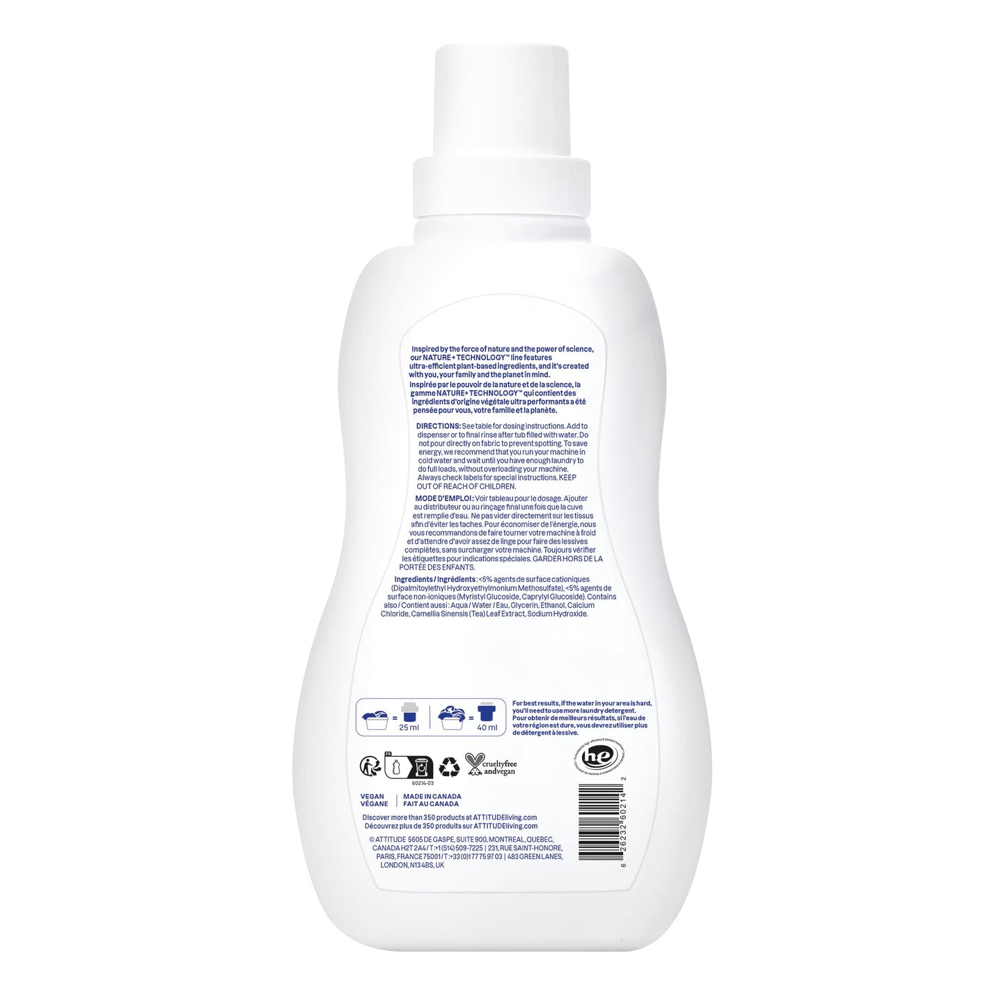 ATTITUDE Liquid Fabric Softener, Plant-Based & Vegan, HE Compatible, Naturally Derived, Unscented, 40 Loads, 33.8 Fl Oz