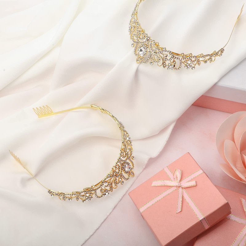 BBTO 10 Pcs Crystal Tiaras and Crowns for Women, Rhinestone Princess Crowns with Combs Birthday Queen Tiaras for Graduation Prom, Wedding, Bachelorette Party, Pageant Hair Accessories(Gold)