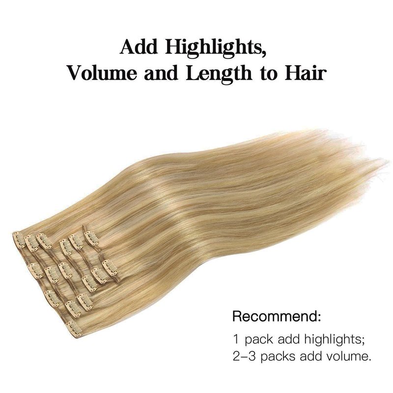 HOTBANANA Human Hair Clip in Hair Extensions, Balayage Light Blonde Highlighted Golden Blonde (Ash Tone) 120g Clip in Hair Extensions Real Human Hair Straight Remy 14 Inch 7pcs