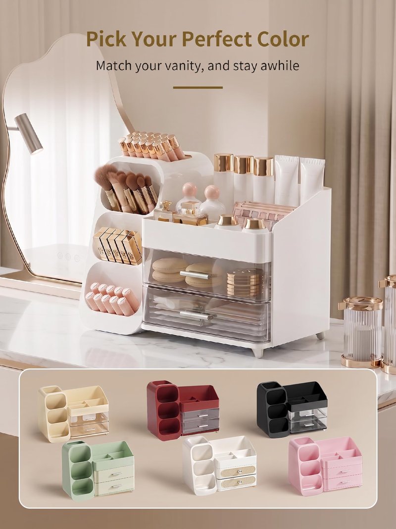 Booklov Makeup Organizer for Vanity, Large Capacity Cosmetic Display Case with Clear Acrylic Drawer, Countertop Beauty Storage Holder for Skincare, Brush Eyeshadow Lipstick Counter Desk, Crystal White