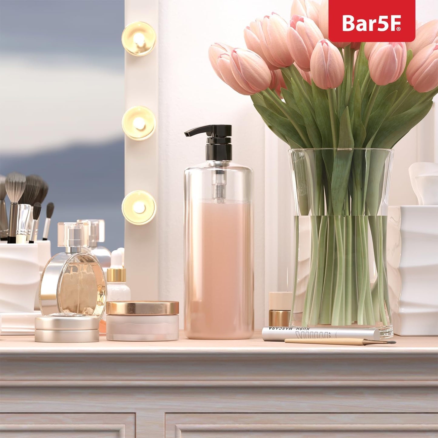 Bar5F 1-Liter Pumps for Shampoo and Conditioner Bottles for 33.8-Ounce Professional Salon Brands (White & Black)