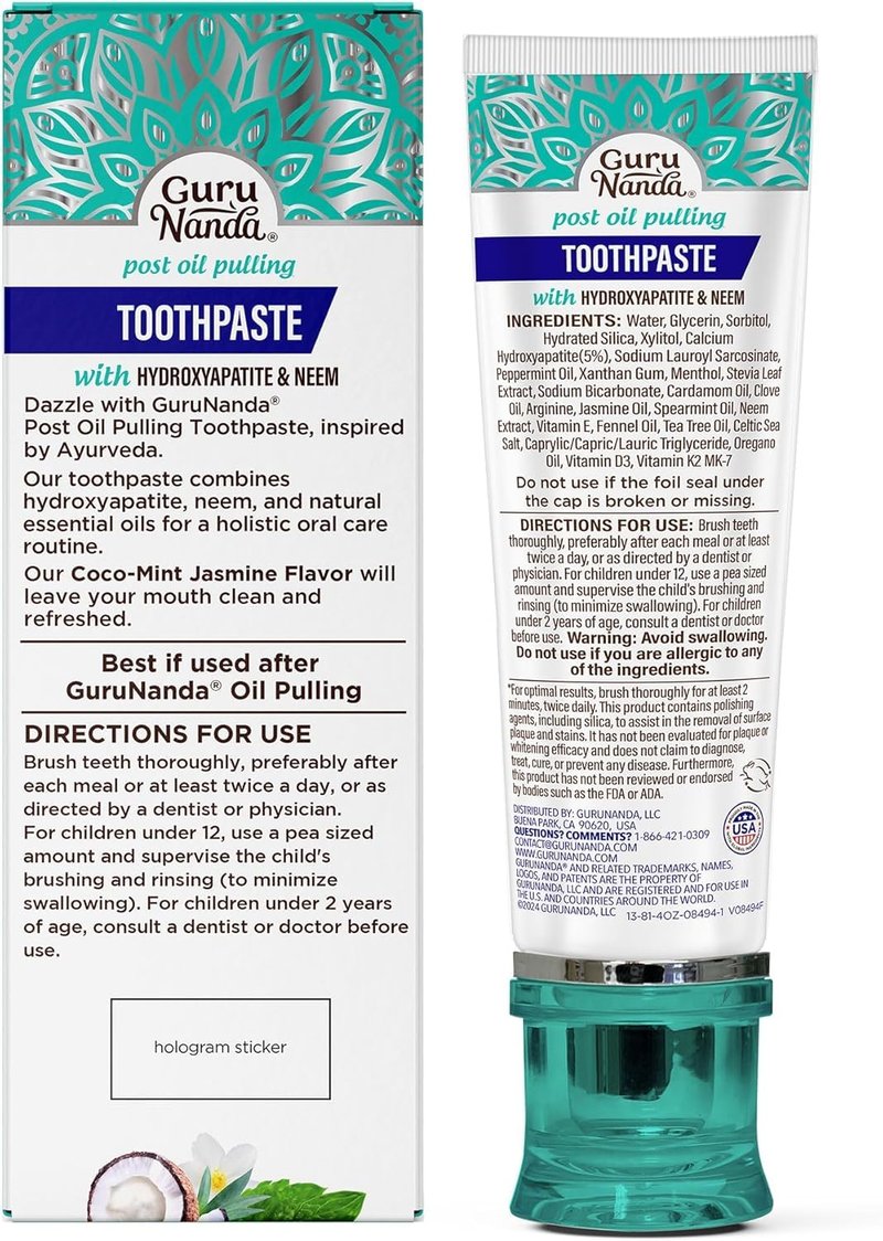 GuruNanda Hydroxyapatite Toothpaste for Whitening with Neem & Xylitol, SLS & Fluoride Free Formula with Tongue Scraper & Squeezer - Freshens Breath, Fights Plaque - Natural CocoMint Jasmine, 4.2oz