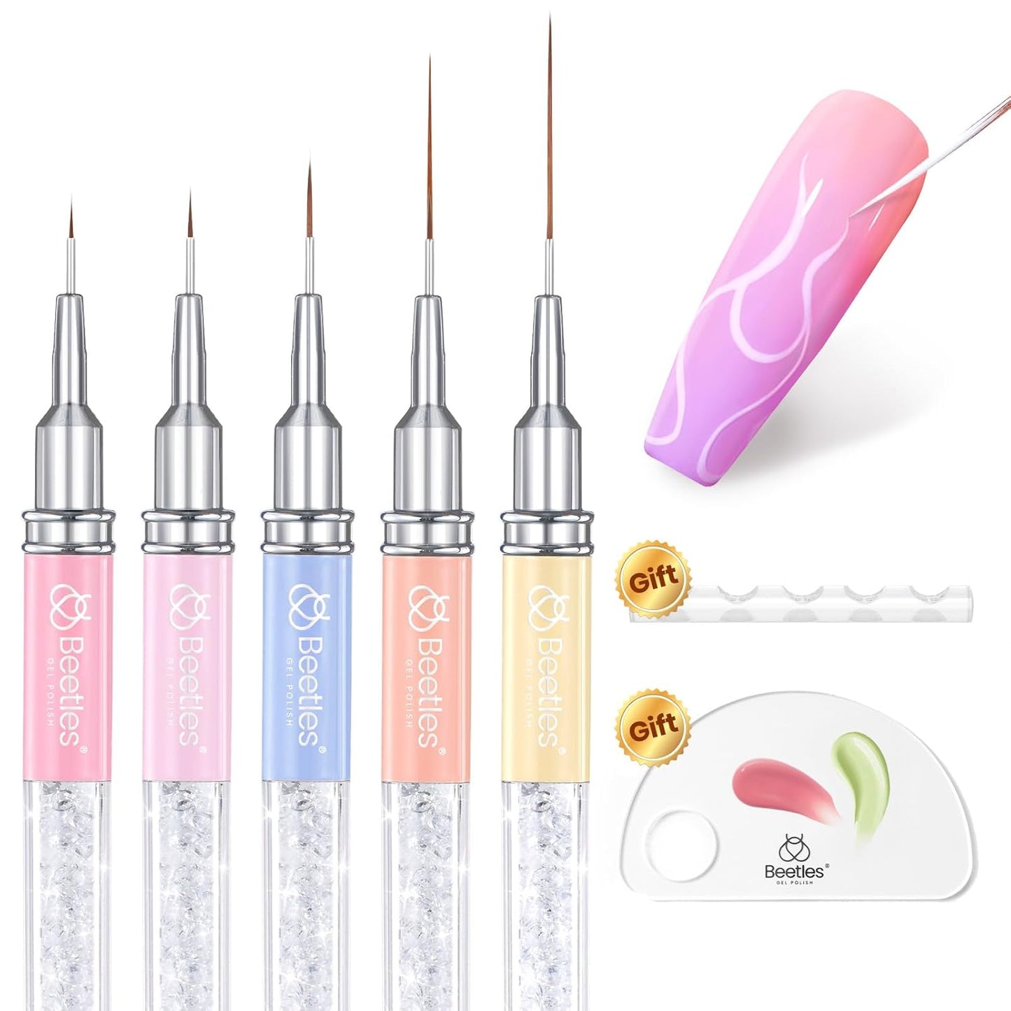 Beetles Nail Art Brushes, 8pcs Double-headed Nail Art Tool Set, Nail Dotting Tools, Striping Nail Art Brushes for Lines, Nail Drawing Pen with Bow knot Stickers Gift for Women