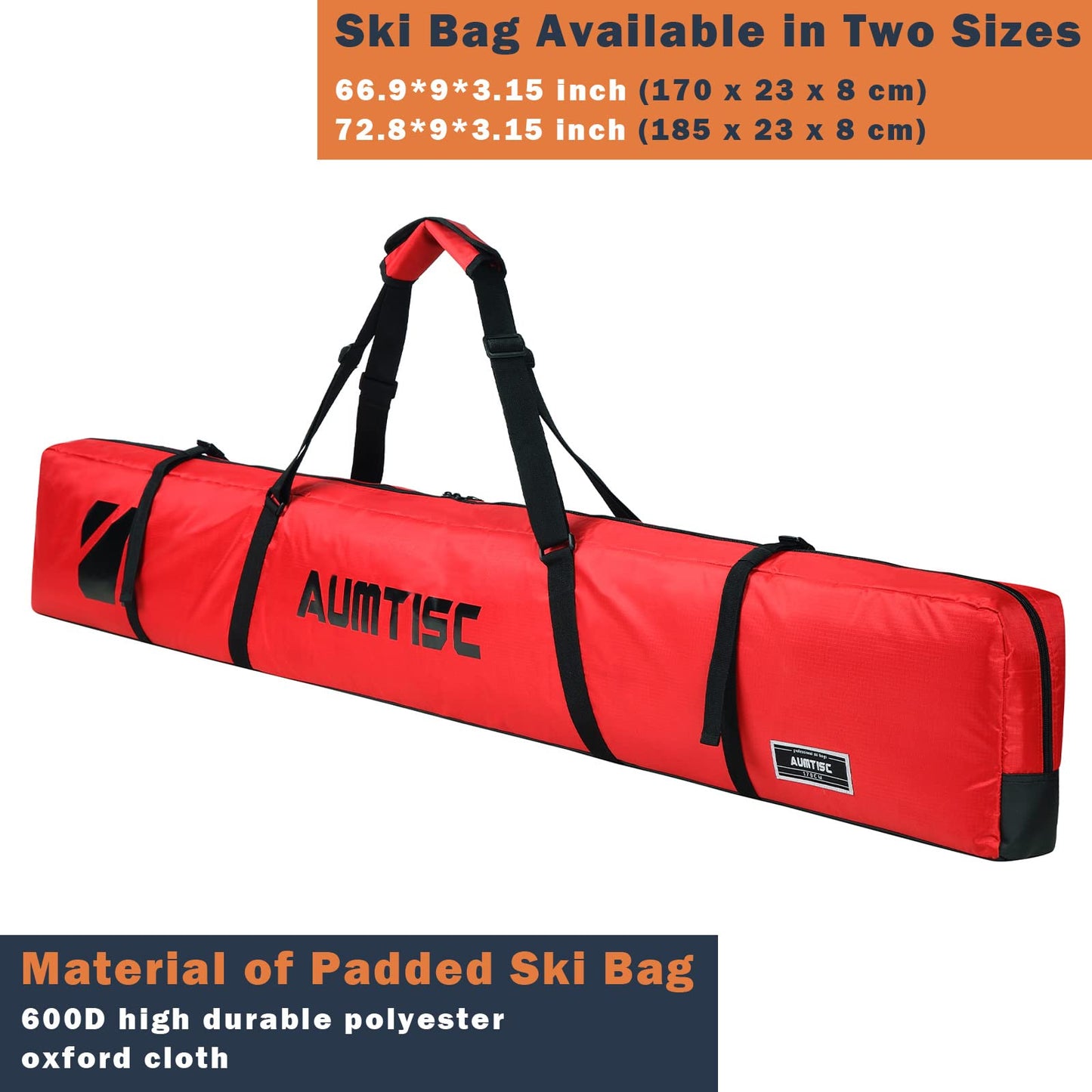 Padded Ski Bag for Air Travel, Single Snow Ski Gear Bags, Skiing Snowboard Bag to Transport Skis with Pocket, Adjustable Handle, 185cm Red
