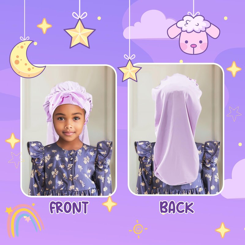 Lolalet Kids Bonnets for Girls, Long Silk Bonnet for Sleeping Kids Satin Bonnet Cap with Tie Band for Dreadlocks Braid Afro Curly Hair -2 PCS, Laser & Purple