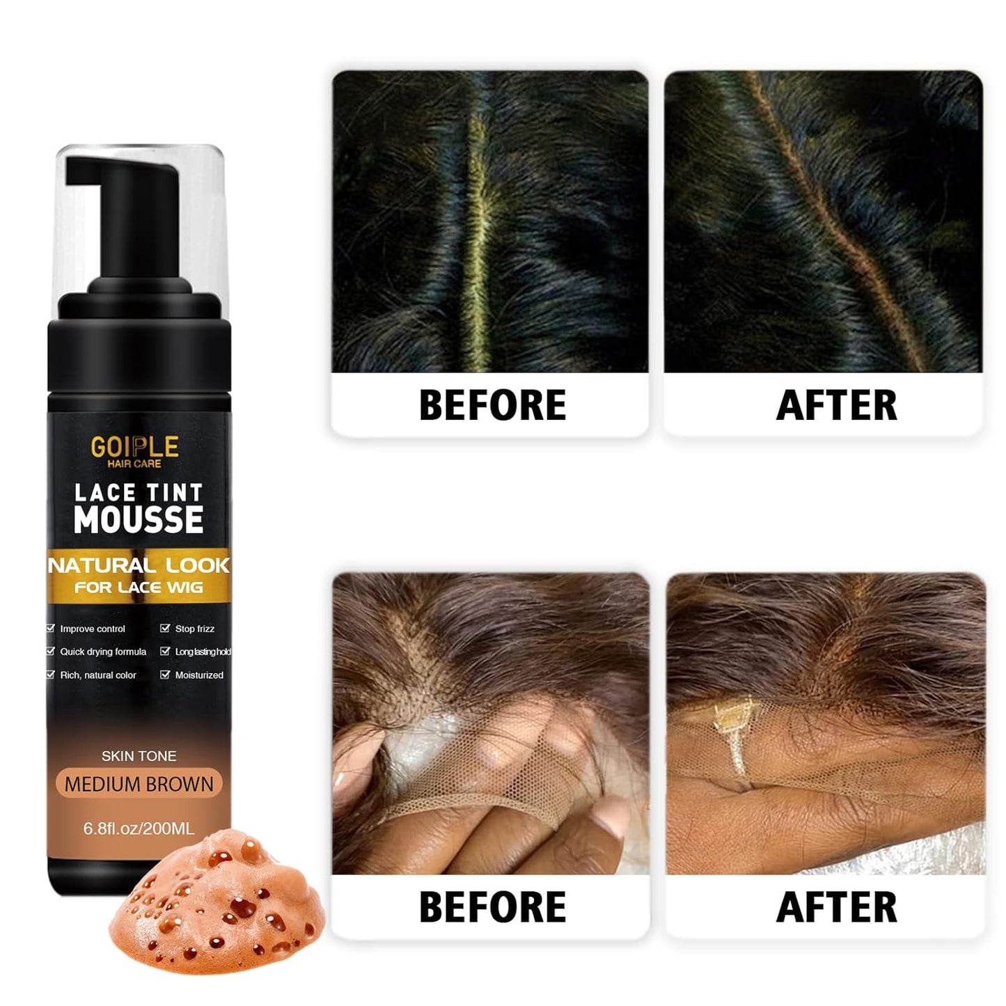 Lace Tint Melting Hair Mousse, 6.8 fl oz Lace Tint Mousse for Women Hair Wig Lace Wigs Toupees and Hairpieces Natural Finishing Lace Color, Lace Tint Mousse for Wigs Melts Lace Foam Tint(Medium Brown)