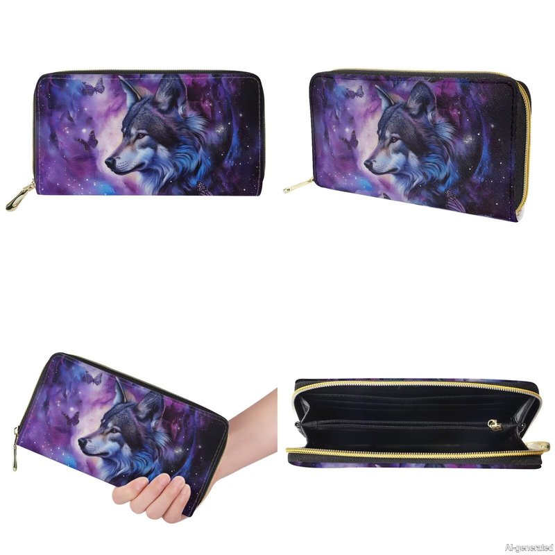 GIFTPUZZ Wolf Women Handbag Set 3 Packs Includes Large Capacity Top-Handle Bag PU Leather Toiletry Makeup Pouch Long Wallets Waterproof Blue Purple