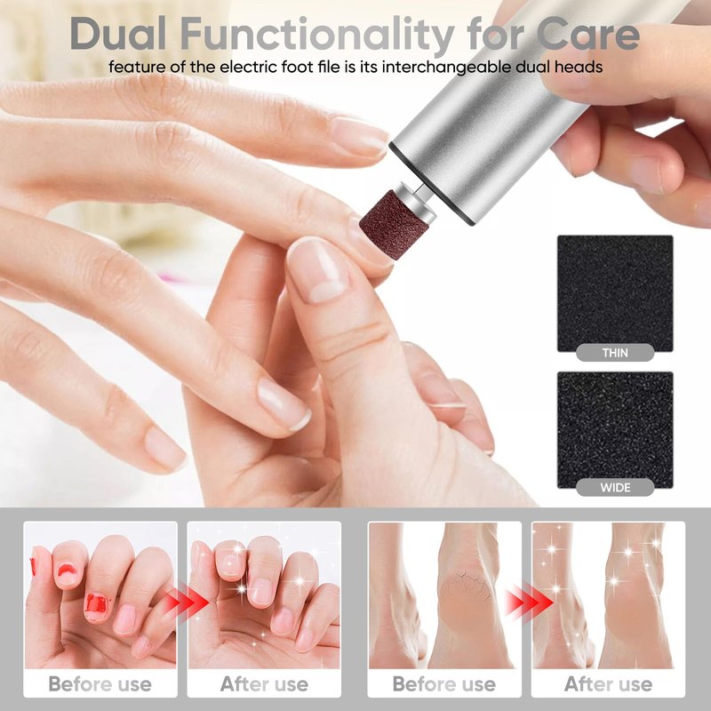 Electric Foot Callus Remover (6 Speed Adjustable), 2 in 1 Electric Foot File Nail Grinder, Rechargeable Foot Sander Pedicure Tools for Feet Dead Skin with Sandpaper Disk and Nail Drill Bits, Silver
