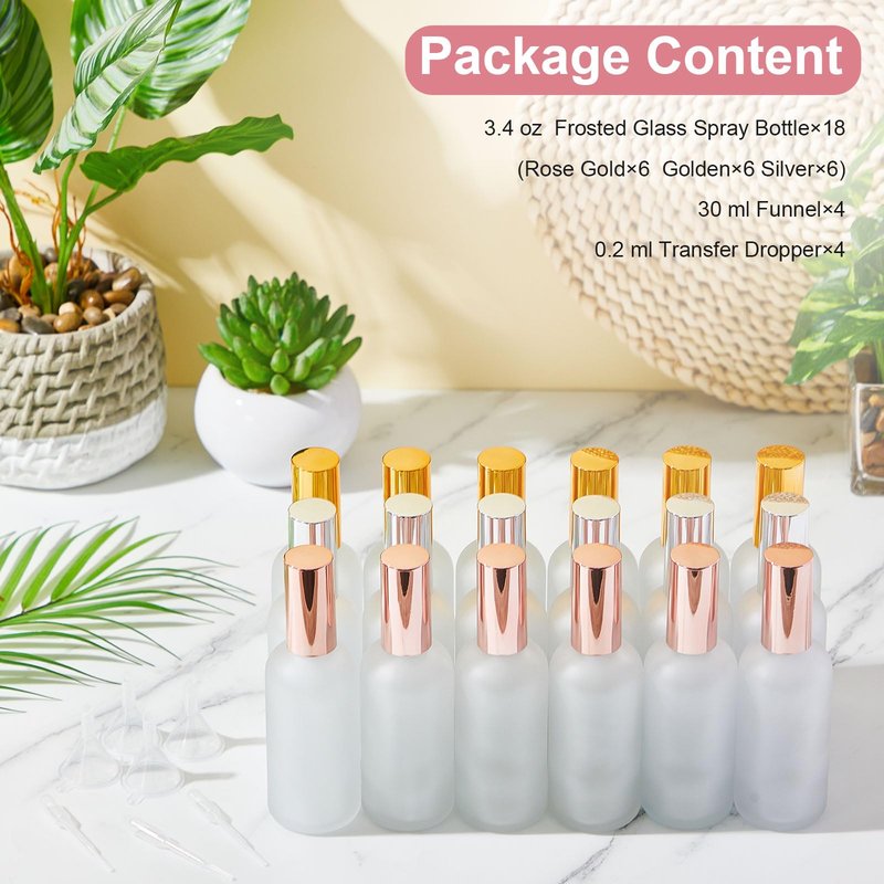 Teenyyou 18 Pack 3.4 oz Glass Spray Bottles bulk, Empty Perfume Frosted Fine Mist Atomizer, Refillable Small Travel Containers for Cleaning Products, Essential Oils- Gold, Rose Golden, Silver