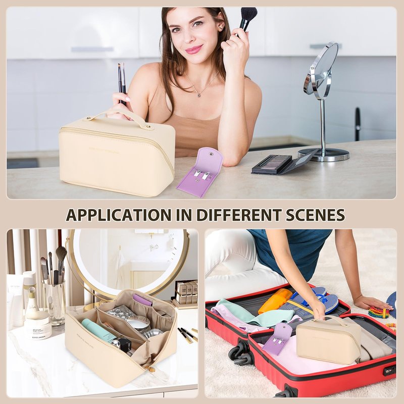 Houldhowd Makeup bag, Large capacity travel toiletry bag, Waterproof Portable Cosmetic Bag, travel makeup bag, With Nail Art Kit Set, Best Choice for Makeup Experts. (off white style)