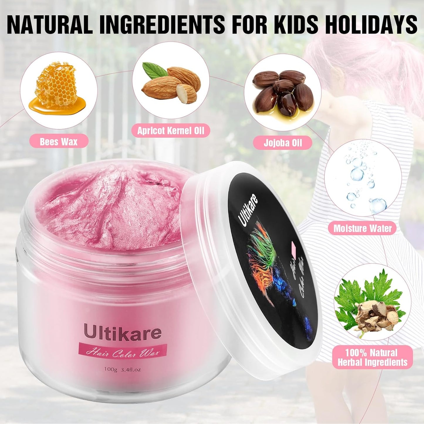 Temporary Hair Color for Kids, Ultikare Orange Hair Dye Washable Natural Hair Wax Color Chalk Mud Cream DIY Hairstyle Clay For Dark Hair Halloween, Cosplay, Party, Christmas Gift Girls 3.4 Fl Oz