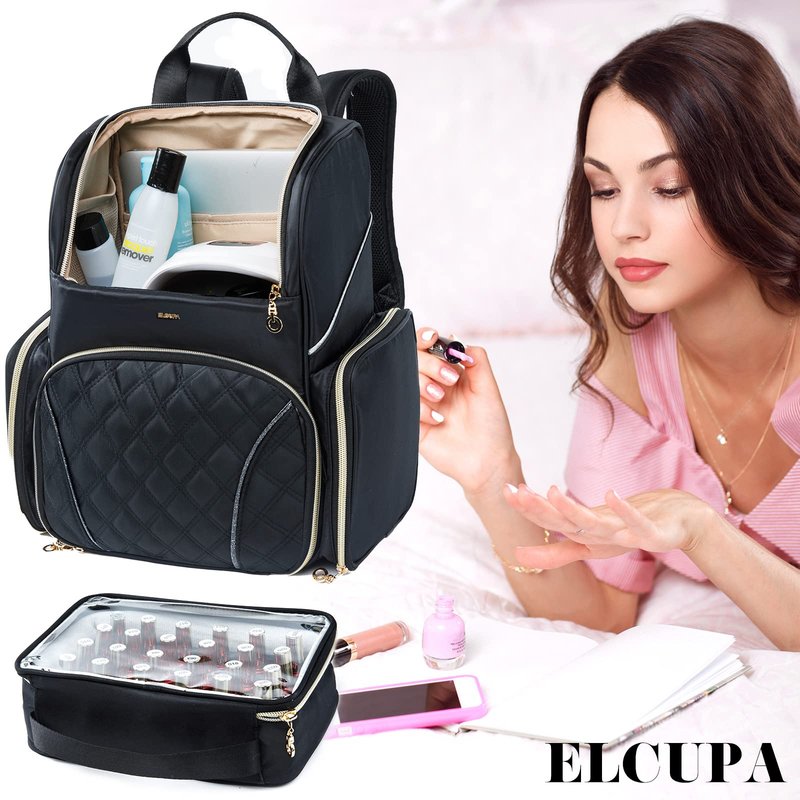 ELCUPA Nail Polish Organizer Backpack Holds 48 Bottles (0.5 Fl Oz) and a Nail Dryer, Nail Polish Storage Bag With 2 Removable Boxes for Nail Suppliers,Nail Kit, Gel Polish