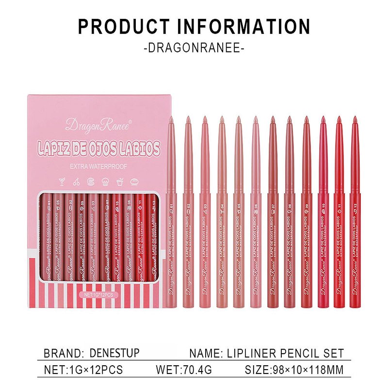 DENESTUP 12 Colors Lip Liner Combo, Matte Lipstick Lip Liner Set, long-lasting Lip Pencil Waterproof & Non-Stick Cup, Smooth Texture High Pigmented Natural Lip Pen Makeup Gift
