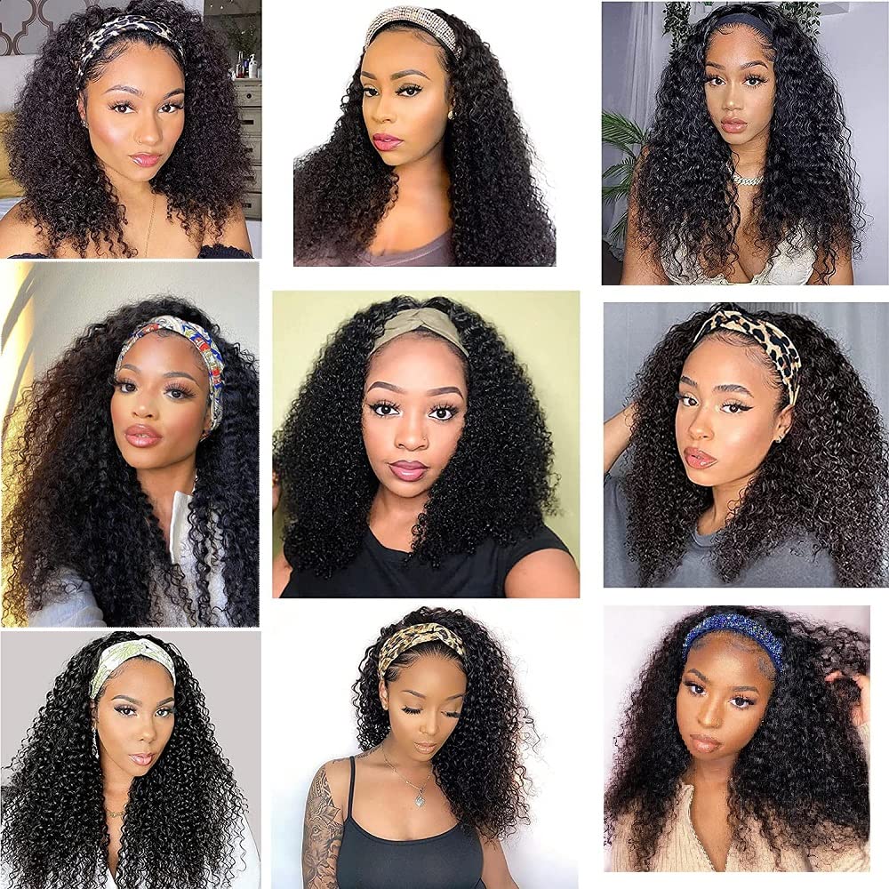 Smoothair Headband Wig Human Hair Kinky Curly Headband Wigs for Black Women Human Hair Wigs Glueless 12 Inch None Lace Front Wigs 150% Density (No Mixed)