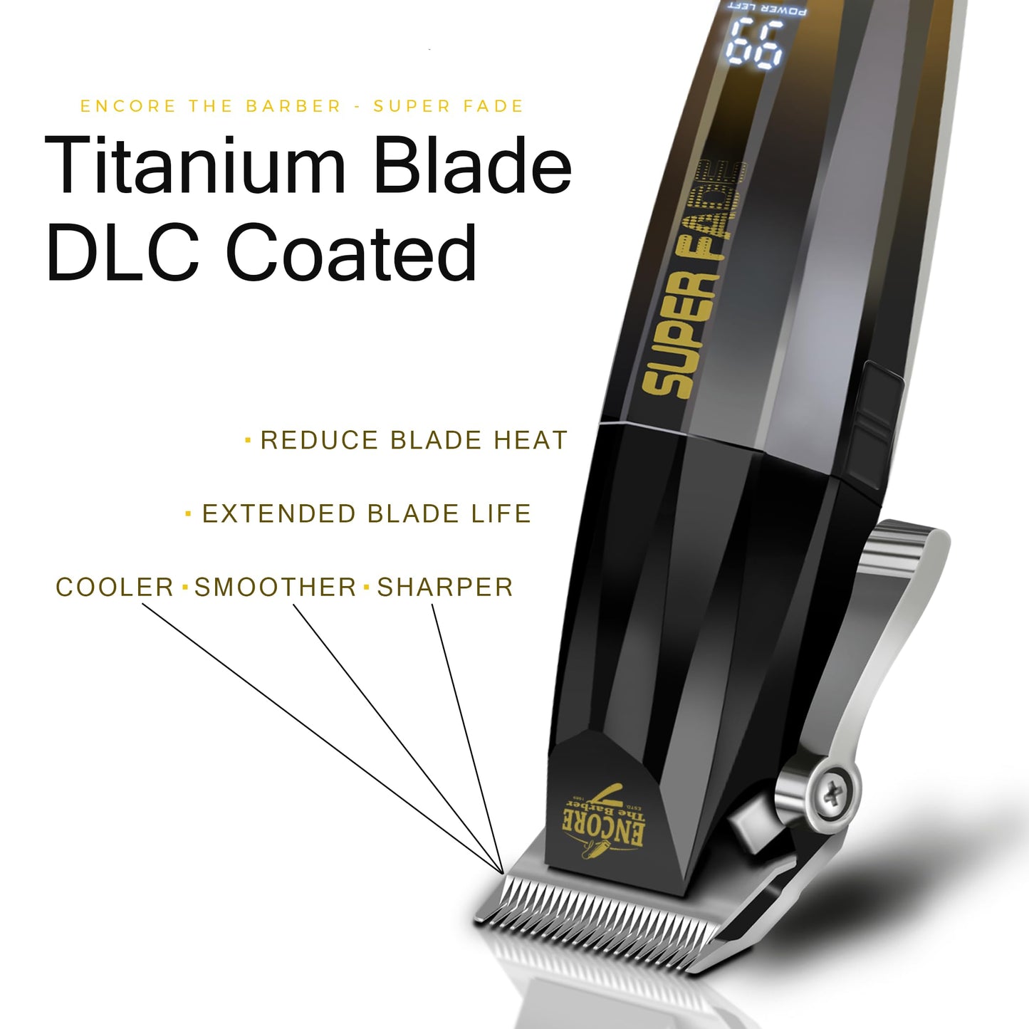 ENCORE THE BARBER Super Fade Professional Hair Clipper for Barbers Fast Clean Blurry Fades | Four Click Lever | Whisper Quiet | Rechargeable Cordless | Over 90 Minutes Run time | Crunchy Blade