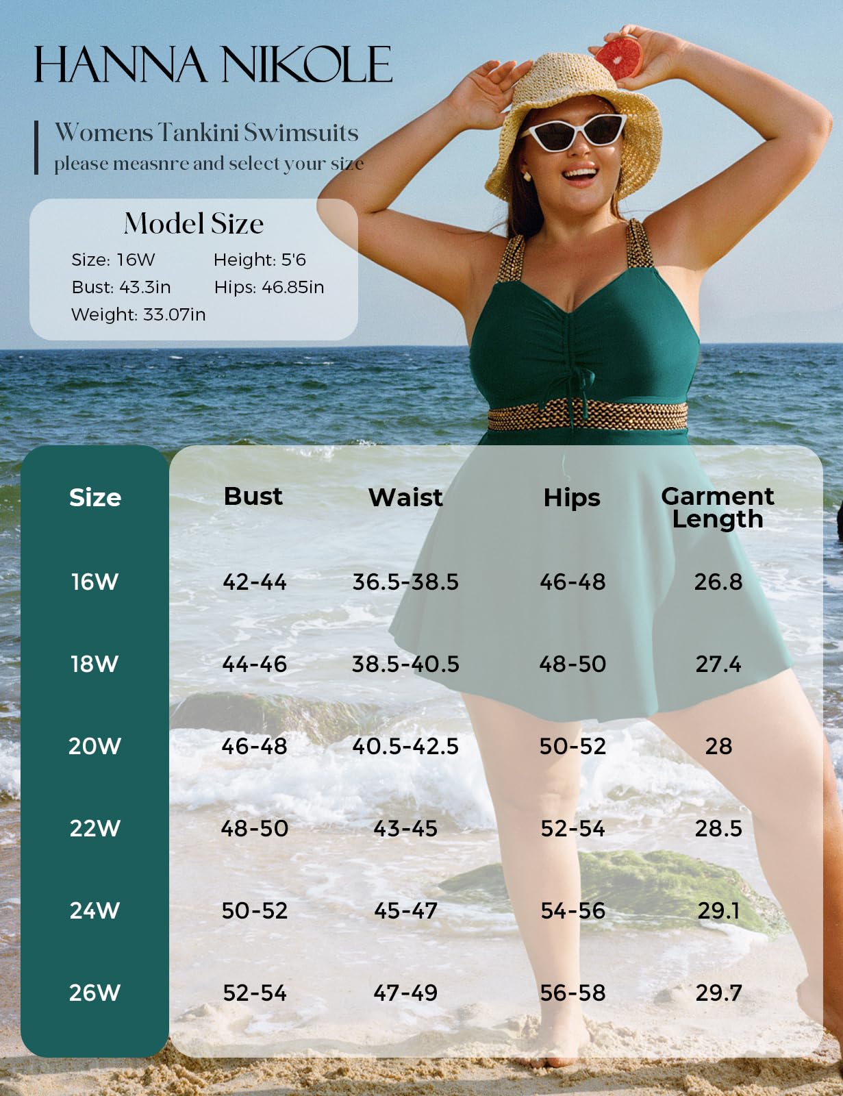 Hanna Nikole Women Plus Size Tankini Swimsuit Two Piece Flowy Swimdress Bathing Suits with Adjustable Shoulder Straps Dark Green 20 Plus