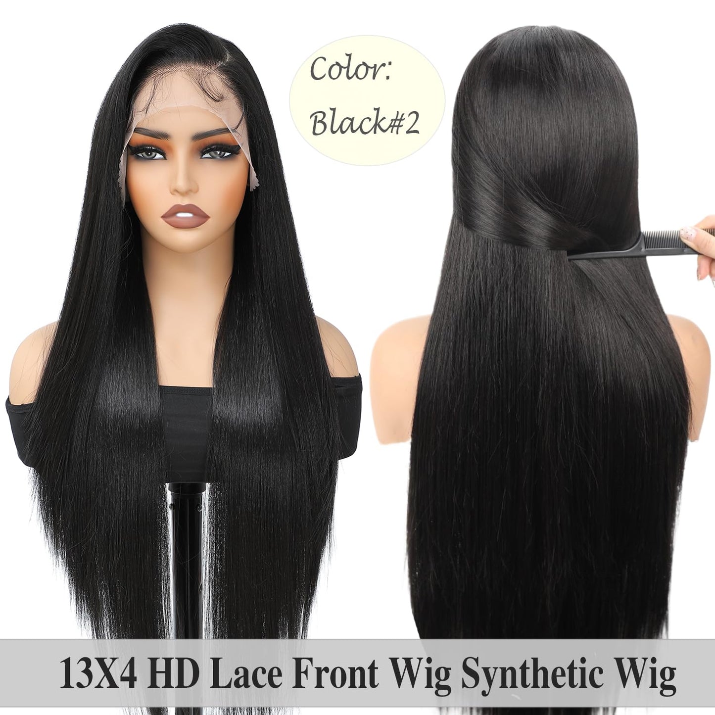 XCHJH 13x4 HD Lace Front Wig 30 Inch, Long Straight Black Synthetic Hair for Women, Glueless Pre Plucked with Baby Hair, Heat Resistant Fiber Wig for Daily Wear