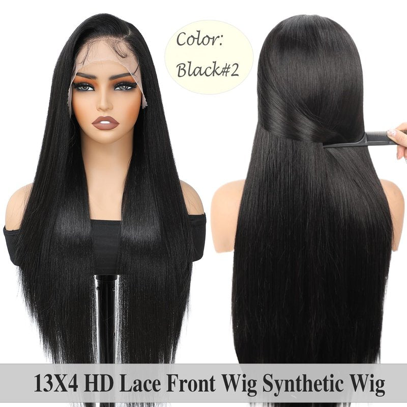 XCHJH 13x4 HD Lace Front Wig 30 Inch, Long Straight Black Synthetic Hair for Women, Glueless Pre Plucked with Baby Hair, Heat Resistant Fiber Wig for Daily Wear