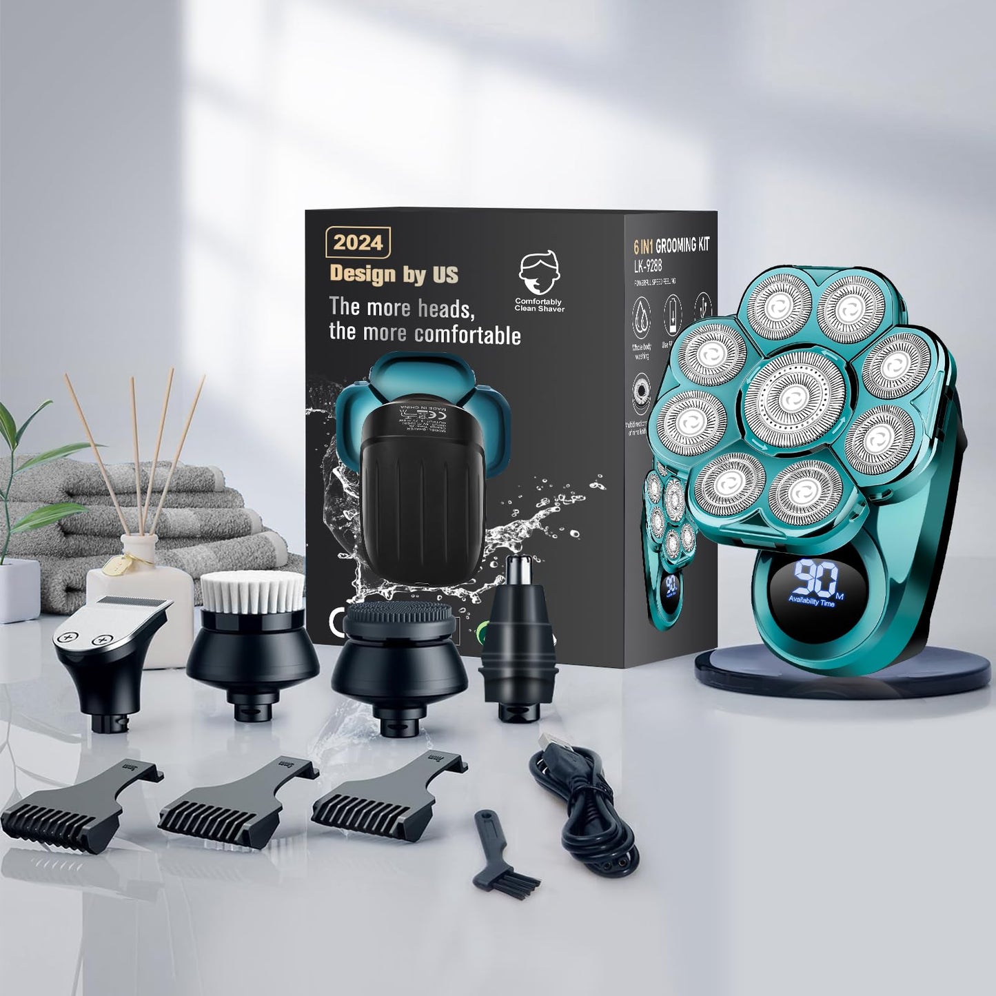 9D Electric Head Shaver for Bald Men, Upgraded 5-in-1 Waterproof Wet/Dry Grooming Kit Electric Shaver for Men, Cordless Rechargeable Bald Head Razor for Home&Travel