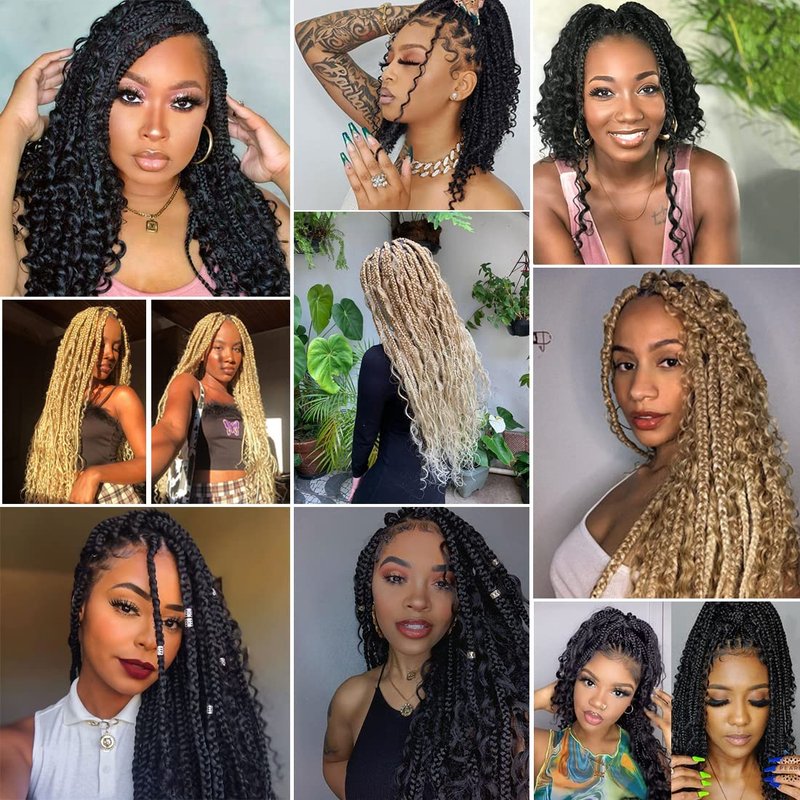 COOKOO 30 Inch Bohemian Box Braids Crochet Hair 8 Packs Hippie Goddess Box Braids Crochet Hair With Curly Ends Pre-looped Braiding Hair for Black Women 1B#