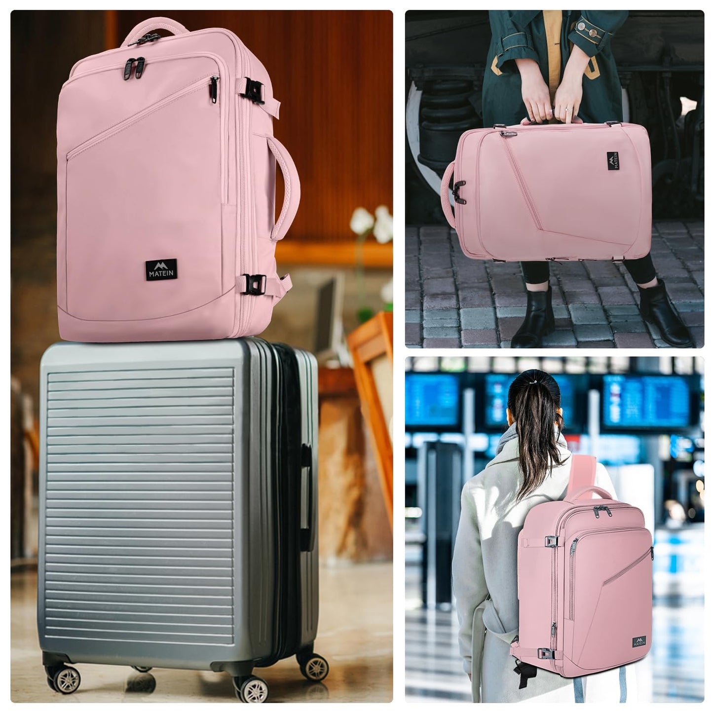 MATEIN 45L Womens Travel Backpack, Extra Large Carryon Backpack Fits Underseat & Overhead Bin, Cute Weekender Daypack for Travel on Airplane, Traveling Accessories for Women, Pink