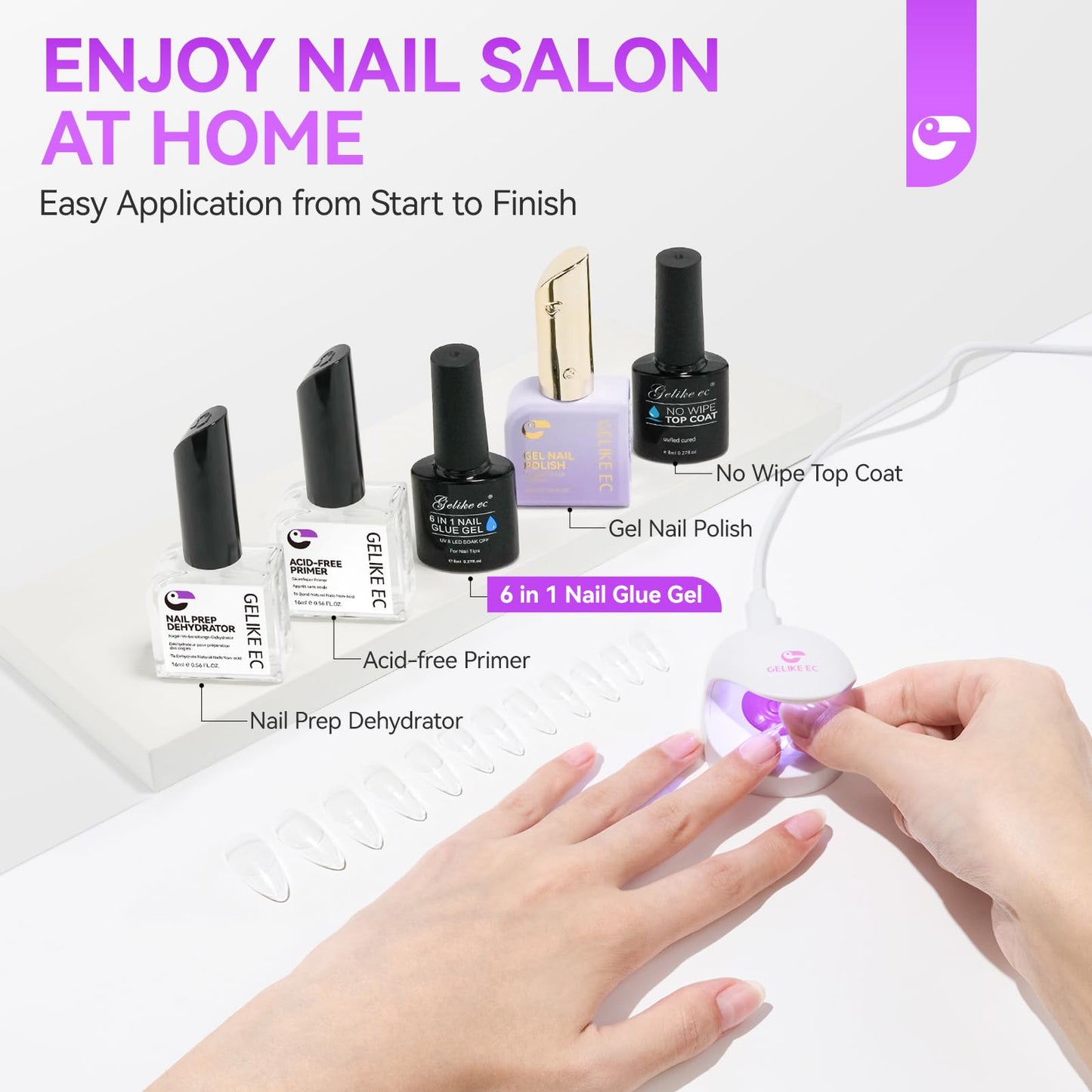 Gelike EC 6 in 1 Nail Glue Gel: 2 Pcs Gel Nail Polish for Press on Nails - Nail Glue Strong Easy and Long Last for False Acrylic Tip - Base Coat for Salon Home Polish