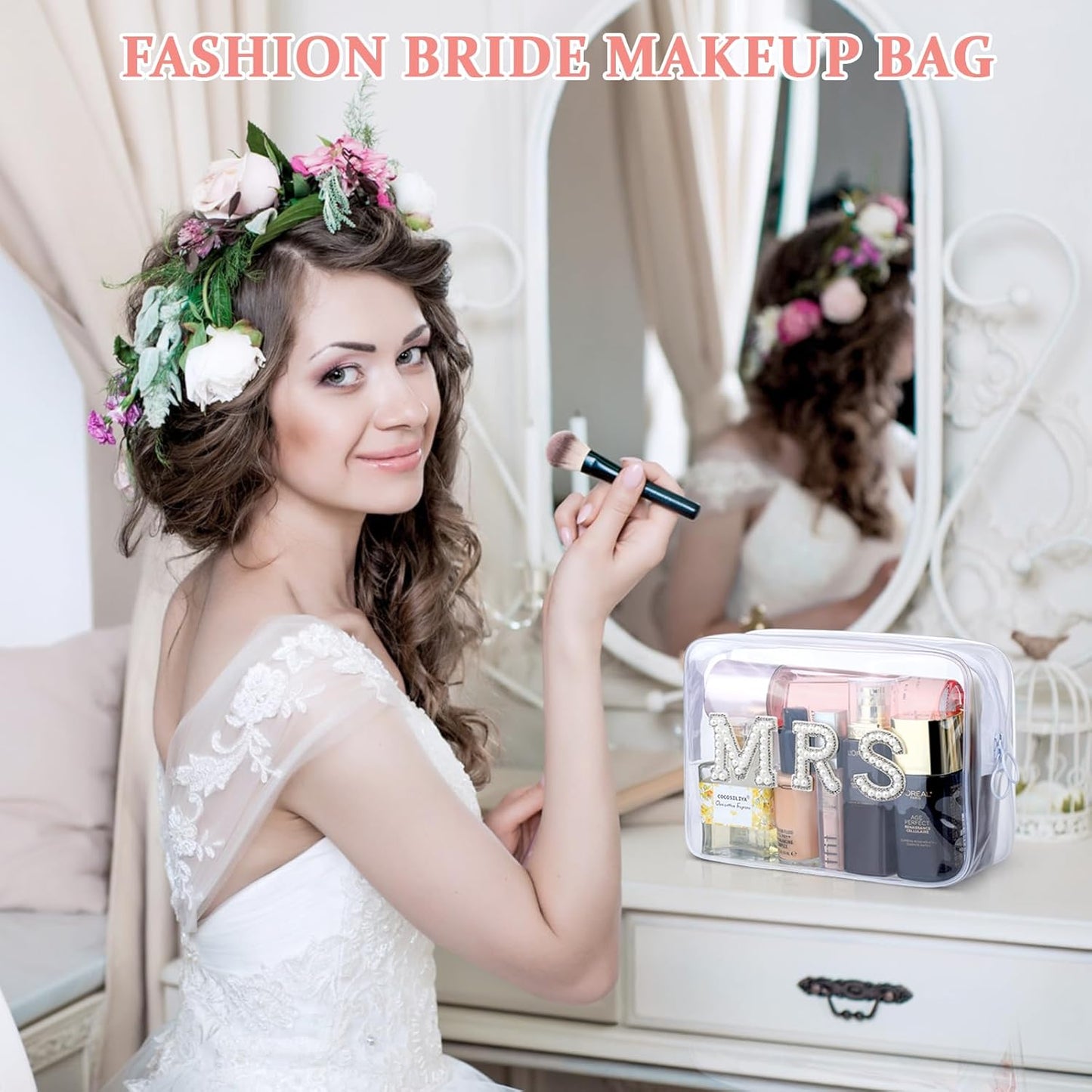 Etercycle Bride Clear Makeup Bag, Bridal Shower Gifts Engagement Cosmetic Bag, Bling Pearl Rhinestone Letter Patches Waterproof PVC Travel Organizer for Women Wedding Bachelorette Party (Gold)