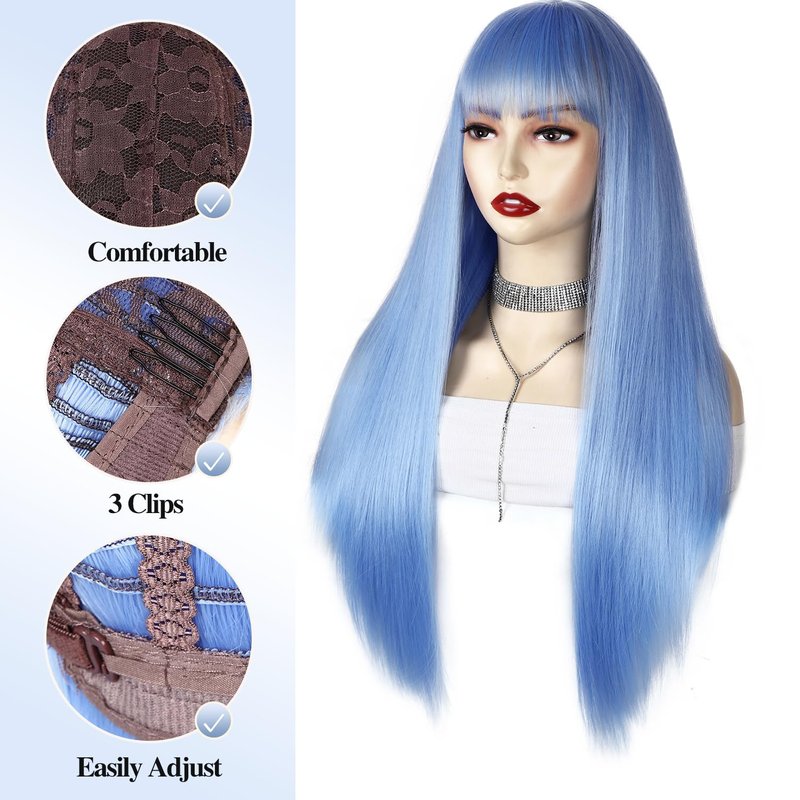 Lady Hanne Long Straight Wig With Bangs Light Blue Silky Straight Hair Wigs for Women 28 Inch Synthetic Heat Resistant Fiber Wig for Cosplay Daily Party Use
