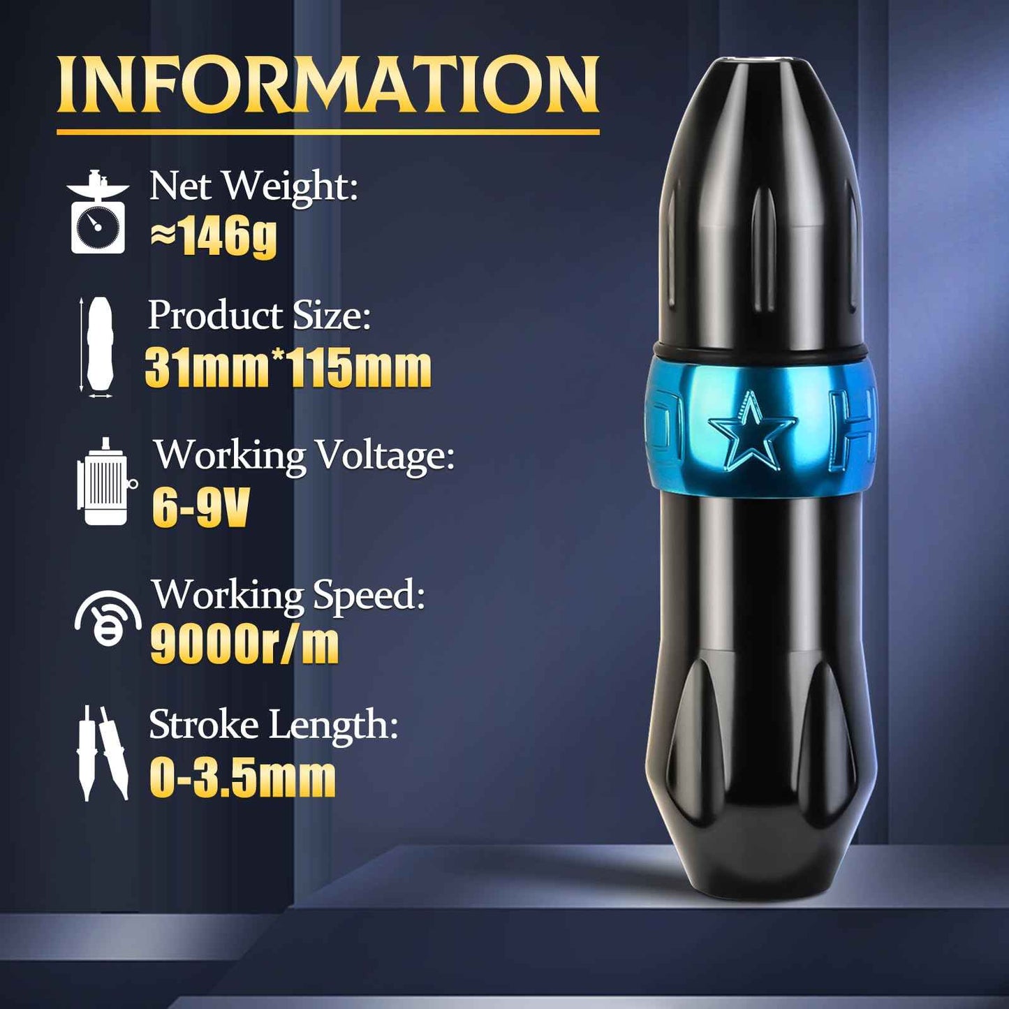 Rotary Tattoo Pen Machine, ATOMUS Tattoo Short Pen Style Cartridge Machine Gun Liner Shader with DC Cord 9000r/m Coreless Motor Aluminum Alloy Frame Tattoo Machine (Blue)