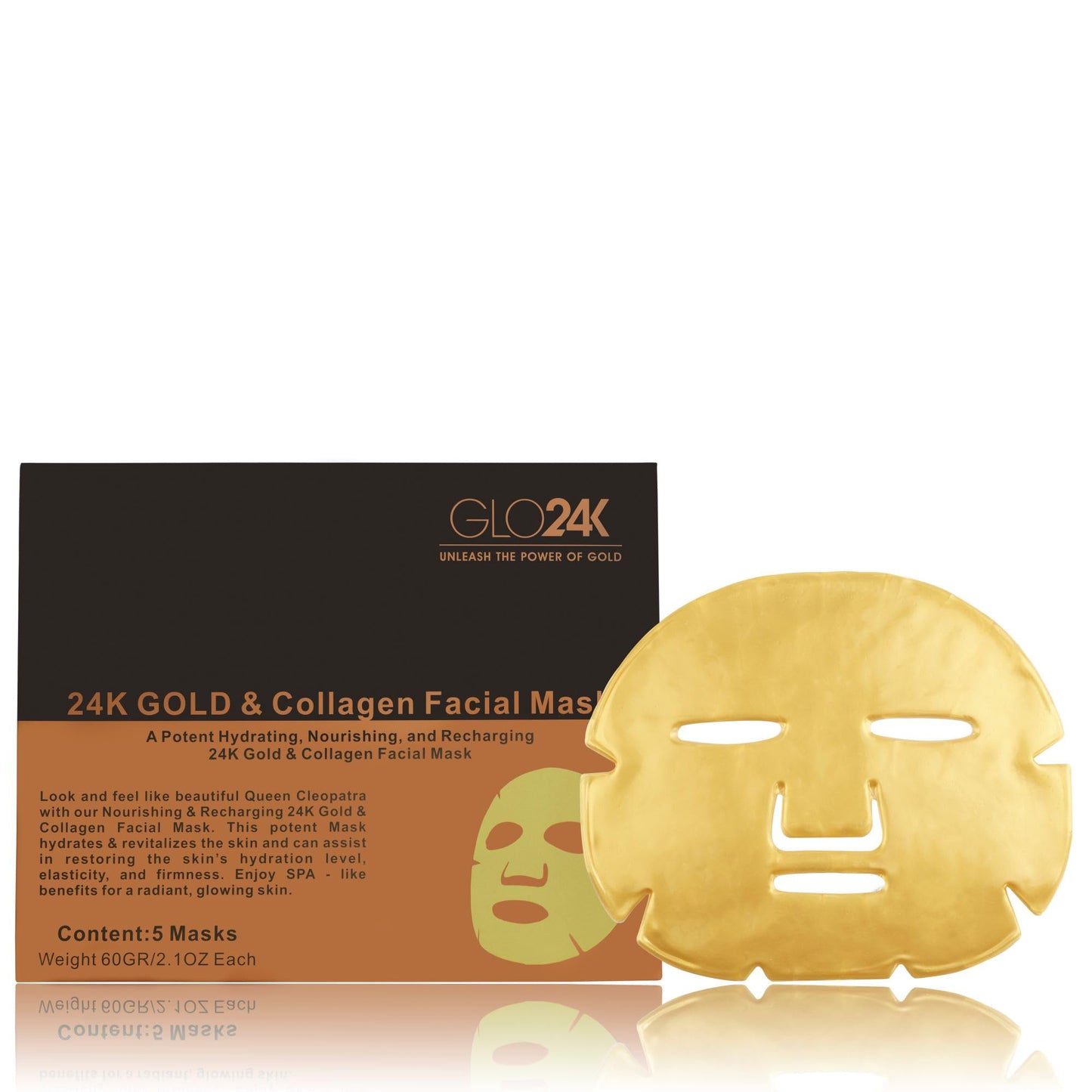 GLO24K Collagen Face Mask – 24K Gold Face Mask, Hydrating Facial Mask with Hyaluronic Acid, Anti Aging Face Mask, Gold Hydrogel Mask for Skin Care, 5 Pack