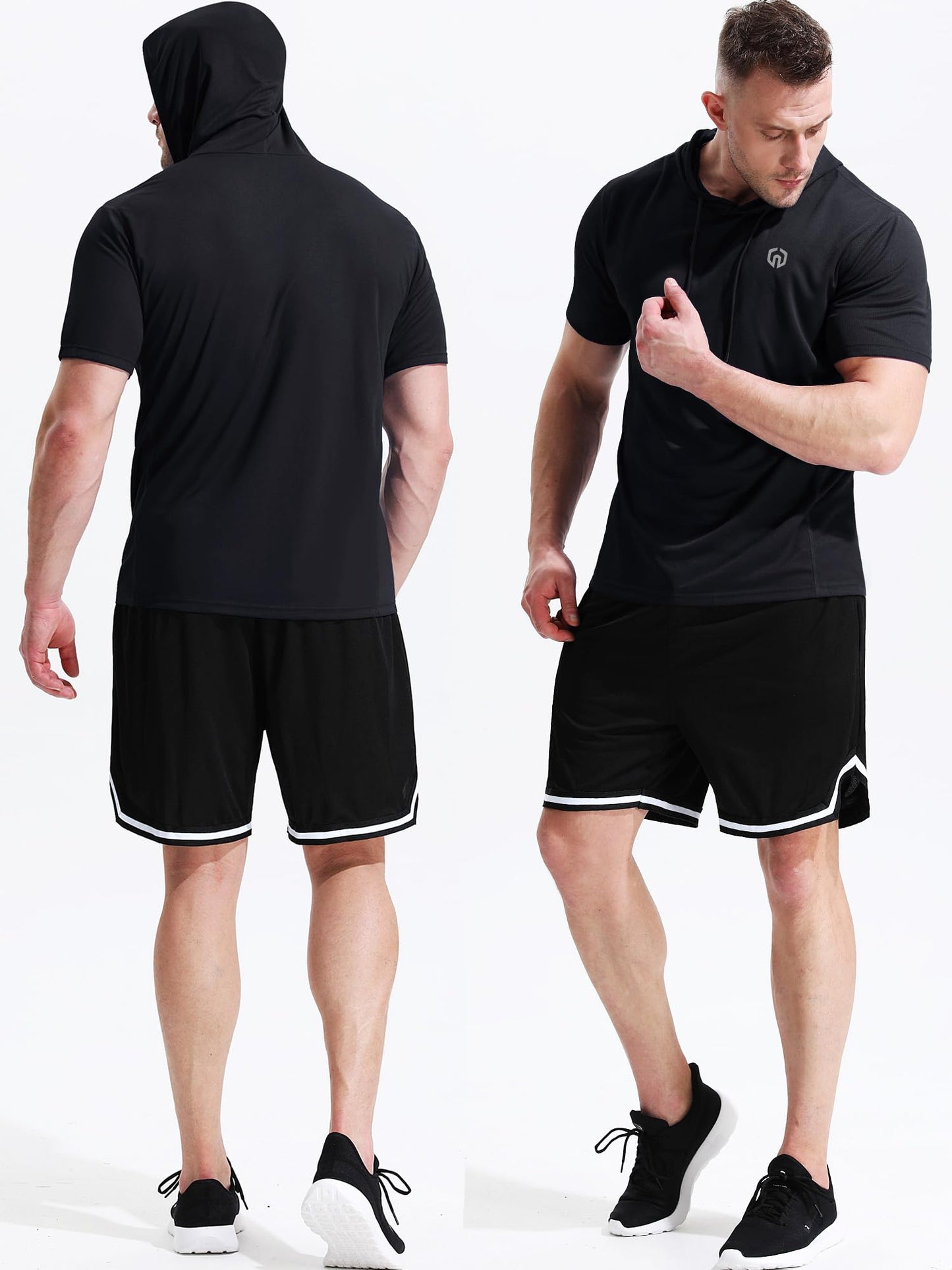 NELEUS Men's Running Shirt Mesh Workout Athletic Shirts with Hoods,5084,3 Pack,Black/Blue/Red,US L,EU XL