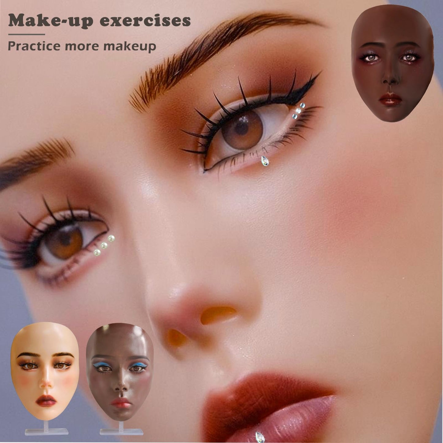 Penugo Makeup Practice Kit, Silicone Mannequin Face with Brushes, Shadows & Eyebrow Pencil - Bright