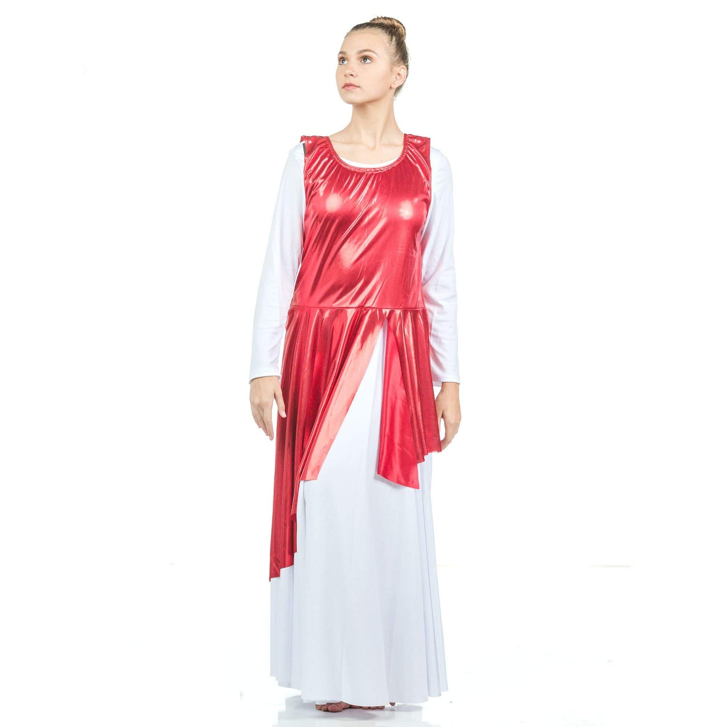 Danzcue Asymmetrical Metallic Praise Dance Tunic, Scarlet, S-M-Adult