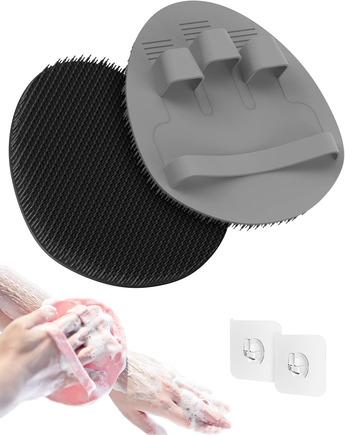 Manmihealth Soft Silicone Shower Brush, Super-Lathering and Deep-Cleaning Body & Face Scrubber, Gentle Exfoliating Bath Glove for All Skin Types, with 2 Free Hooks.(Black + Pink)