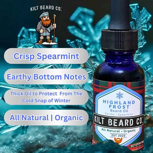 Kilt Beard Co.- Highland Frost (Holiday Edition) Premium Beard Oil 1oz (Sage, Cypress, Pathouli, Spearmint) Moisturize, Nourish, Organic, All-Natural