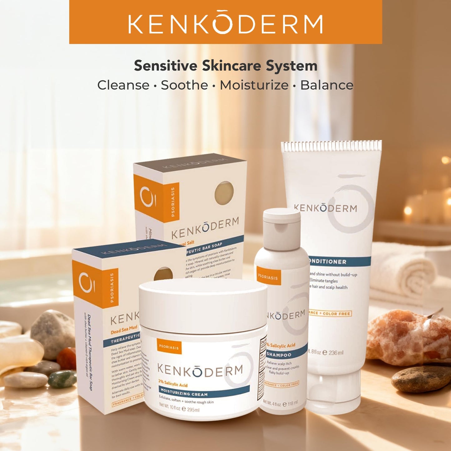 Kenkoderm Psoriasis Dead Sea Mineral Salt Soap with Argan Oil & Salicylic Acid, Natural Exfoliating Body & Face Cleanser for Sensitive Skin, Color & Fragrance Free, 4.25 Ounce, Pack of 4 Bars