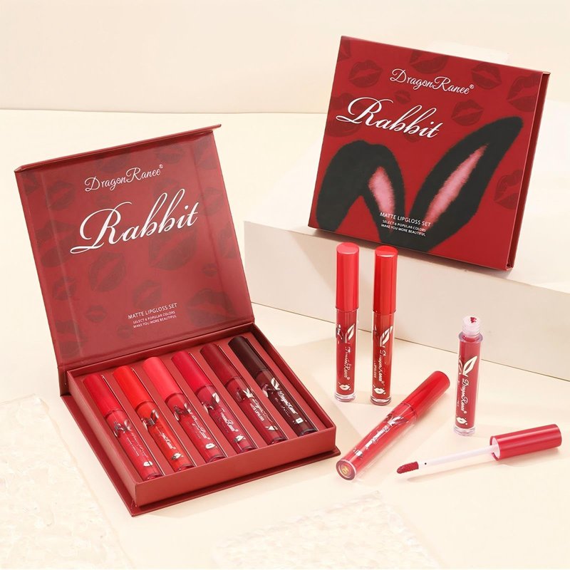 MooGlamor 6 Pcs Matte Liquid Lipstick Set Red Lip Gloss with Long-Lasting and Waterproof Lipsticks for Women Lip Makeup Gift (Red Rabbit, 6 Pcs)