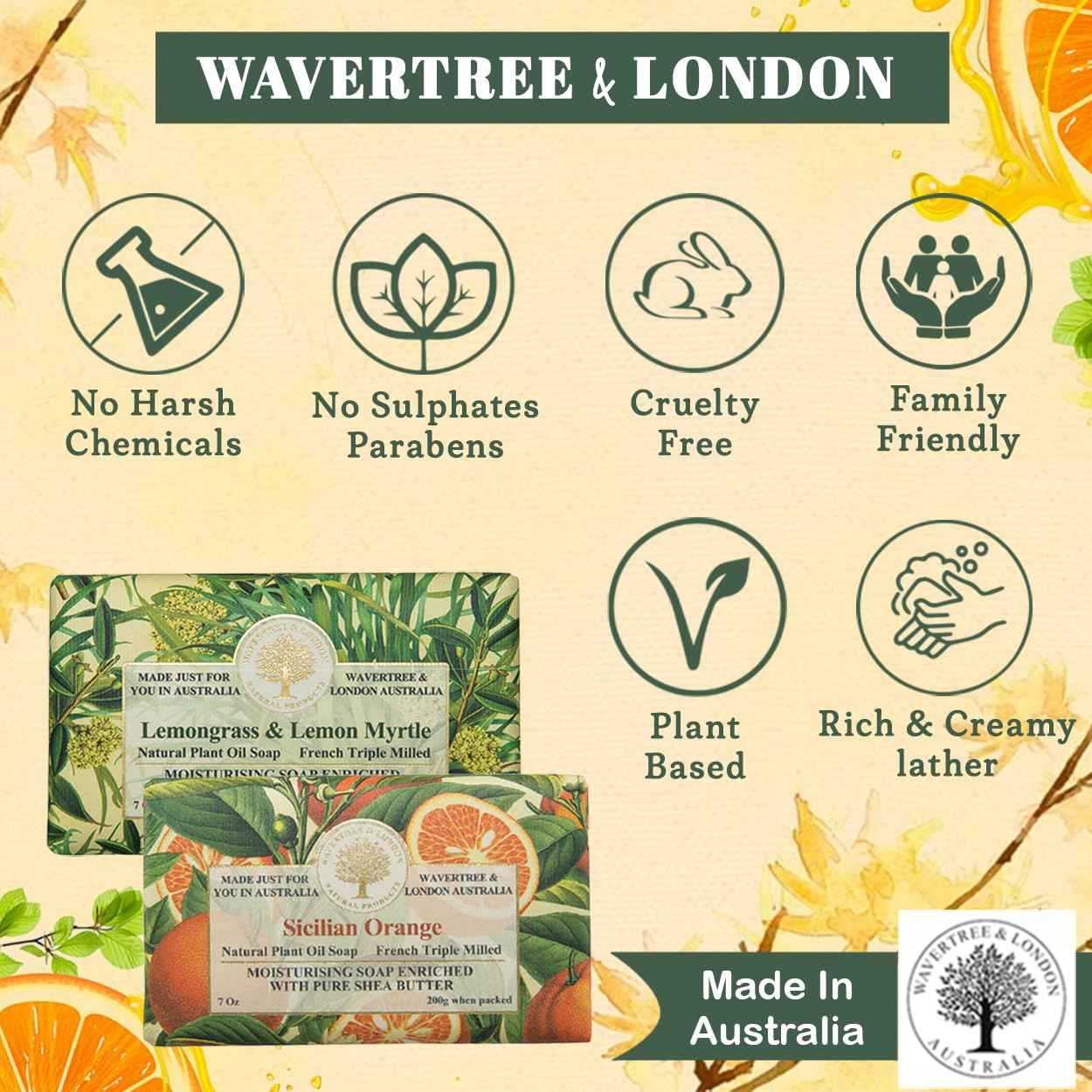 Wavertree & London Duo Gift Box (2 Bars) - 7oz Sicilian Orange, Lemongrass & Lemon Myrtle Scented Triple Milled Natural Soap Bars - Pure Plant Oil Soap Bars for All Skin Types