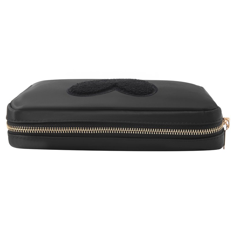 BLOC Bags Travel Makeup Bag, Cosmetic Bags for Women, Medium Cute Toiletry Bag, Make up Bag, Beauty Bag with Chenille Patch and Top Zipper, Inside Zipper Pouch and Mesh Pockets (Black Heart, Black)