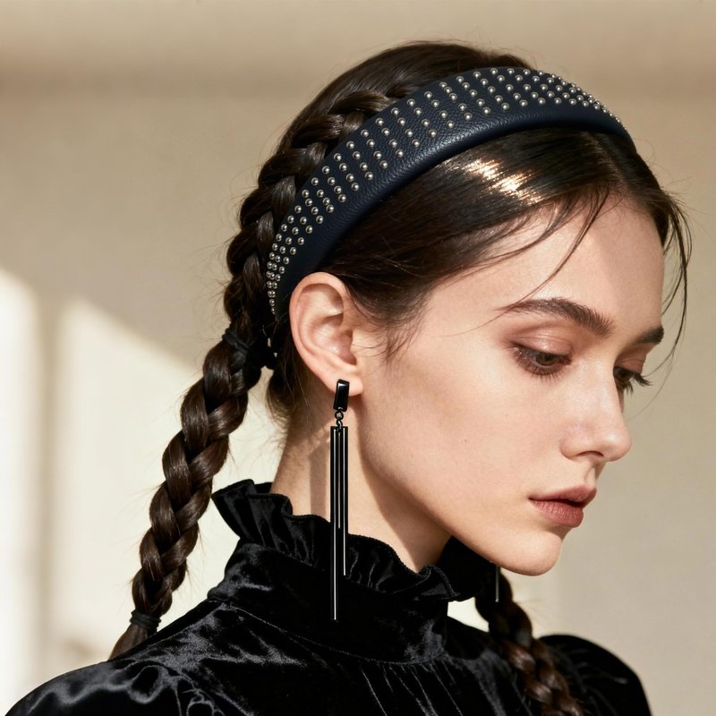 FANSSYA 3-Piece Black Punk Headband Set for Women | Braided Faux Leather, Studded & Denim Knotted Hairbands | Y2K Gothic Grunge Hair Accessories Collection