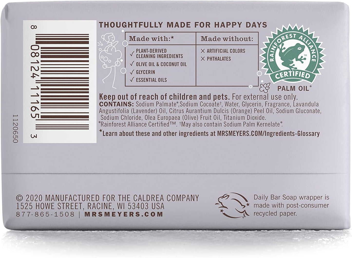 MRS. MEYER'S CLEAN DAY Bar Soap, Use as Body Wash or Hand Soap, Made with Essential Oils, Rain Water, 5.3 oz, 1 Bar